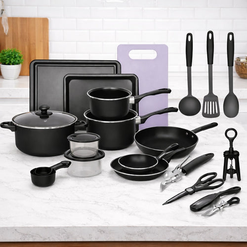 Set Complet Cu 22 De Piese Pentru Bucătărie Cu Oale, Tigăi, Wok, Tăvi, Ustensile, Accesorii