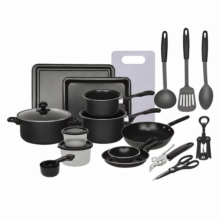 Set Complet Cu 22 De Piese Pentru Bucătărie Cu Oale, Tigăi, Wok, Tăvi, Ustensile, Accesorii